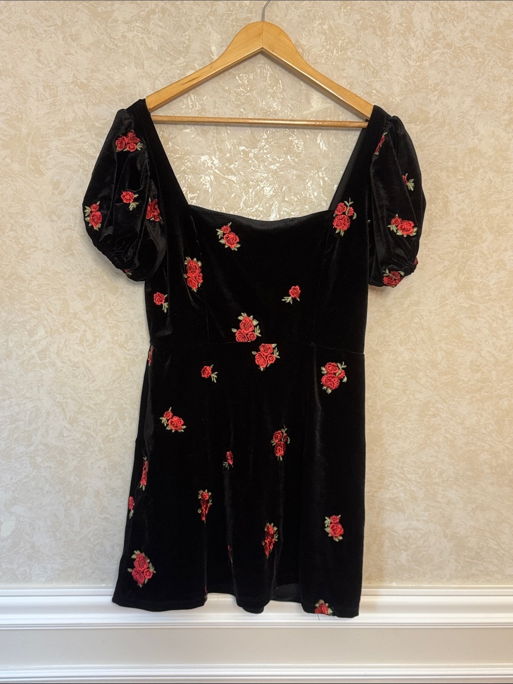 Black Velvet Mini Dress with Red Rose Embroidery